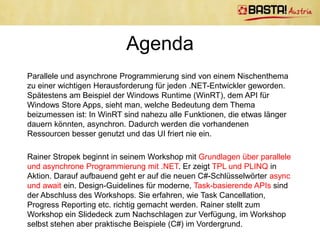 Agenda
Parallele und asynchrone Programmierung sind von einem Nischenthema
zu einer wichtigen Herausforderung für jeden .N...