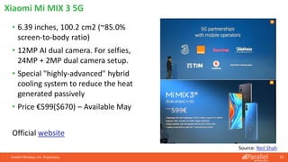 • 6.39 inches, 100.2 cm2 (~85.0%
screen-to-body ratio)
• 12MP AI dual camera. For selfies,
24MP + 2MP dual camera setup.
• Special "highly-advanced" hybrid
cooling system to reduce the heat
generated passively
• Price €599($670) – Available May
Official website
Parallel Wireless, Inc. Proprietary 19
Xiaomi Mi MIX 3 5G
Source: Neil Shah
 