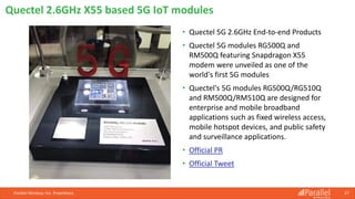 • Quectel 5G 2.6GHz End-to-end Products
• Quectel 5G modules RG500Q and
RM500Q featuring Snapdragon X55
modem were unveiled as one of the
world's first 5G modules
• Quectel's 5G modules RG500Q/RG510Q
and RM500Q/RM510Q are designed for
enterprise and mobile broadband
applications such as fixed wireless access,
mobile hotspot devices, and public safety
and surveillance applications.
• Official PR
• Official Tweet
Parallel Wireless, Inc. Proprietary 27
Quectel 2.6GHz X55 based 5G IoT modules
 