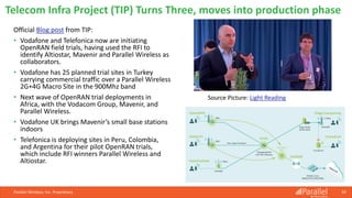 Official Blog post from TIP:
• Vodafone and Telefonica now are initiating
OpenRAN field trials, having used the RFI to
identify Altiostar, Mavenir and Parallel Wireless as
collaborators.
• Vodafone has 25 planned trial sites in Turkey
carrying commercial traffic over a Parallel Wireless
2G+4G Macro Site in the 900Mhz band
• Next wave of OpenRAN trial deployments in
Africa, with the Vodacom Group, Mavenir, and
Parallel Wireless.
• Vodafone UK brings Mavenir’s small base stations
indoors
• Telefonica is deploying sites in Peru, Colombia,
and Argentina for their pilot OpenRAN trials,
which include RFI winners Parallel Wireless and
Altiostar.
Parallel Wireless, Inc. Proprietary 59
Telecom Infra Project (TIP) Turns Three, moves into production phase
Source Picture: Light Reading
 