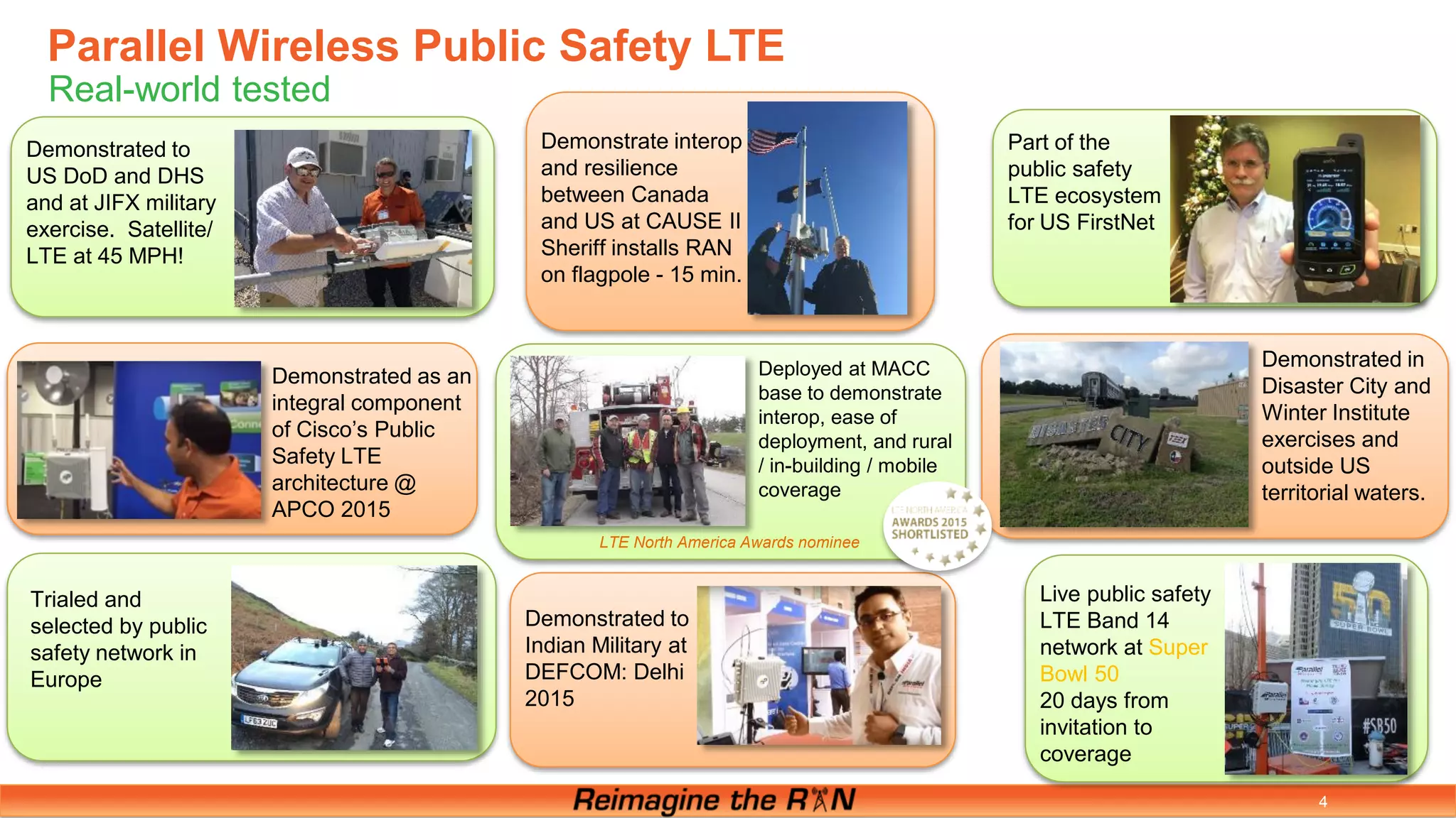 Parallel Wireless Public Safety LTE
Real-world tested
4
Demonstrated to
US DoD and DHS
and at JIFX military
exercise. Satellite/
LTE at 45 MPH!
Demonstrate interop
and resilience
between Canada
and US at CAUSE II
Sheriff installs RAN
on flagpole - 15 min.
Part of the
public safety
LTE ecosystem
for US FirstNet
Demonstrated as an
integral component
of Cisco’s Public
Safety LTE
architecture @
APCO 2015
Demonstrated in
Disaster City and
Winter Institute
exercises and
outside US
territorial waters.
Demonstrated to
Indian Military at
DEFCOM: Delhi
2015
Trialed and
selected by public
safety network in
Europe
Live public safety
LTE Band 14
network at Super
Bowl 50
20 days from
invitation to
coverage
Deployed at MACC
base to demonstrate
interop, ease of
deployment, and rural
/ in-building / mobile
coverage
LTE North America Awards nominee
 