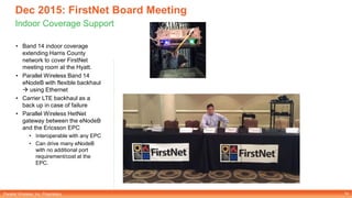 Parallel Wireless, Inc. Proprietary
Dec 2015: FirstNet Board Meeting
Indoor Coverage Support
• Band 14 indoor coverage
extending Harris County
network to cover FirstNet
meeting room at the Hyatt.
• Parallel Wireless Band 14
eNodeB with flexible backhaul
 using Ethernet
• Carrier LTE backhaul as a
back up in case of failure
• Parallel Wireless HetNet
gateway between the eNodeB
and the Ericsson EPC
• Interoperable with any EPC
• Can drive many eNodeB
with no additional port
requirement/cost at the
EPC.
14
 