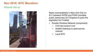 Parallel Wireless, Inc. Proprietary
Nov 2016: NYC Marathon
Network Set up
Radio incompatibility in New York City on
9/11 between NYPD and FDNY provided
public awareness for Congress to pass the
legislation for FirstNet
• Parallel Wireless Network components:
• CWS light-weighed node
• HetNet Gateway to optimize the
network
• Local EPC
28
 