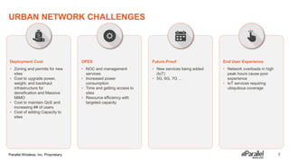 Parallel Wireless, Inc. Proprietary
URBAN NETWORK CHALLENGES
• Zoning and permits for new
sites
• Cost to upgrade power,
weight, and backhaul
infrastructure for
densification and Massive
MIMO
• Cost to maintain QoS and
increasing ## of users
• Cost of adding Capacity to
sites
Deployment Cost
• NOC and management
services
• Increased power
consumption
• Time and getting access to
sites
• Resource efficiency with
targeted capacity
OPEX
• New services being added
(IoT)
• 5G, 6G, 7G …
Future Proof
• Network overloads in high
peak hours cause poor
experience
• IoT services requiring
ubiquitous coverage
End User Experience
7
 