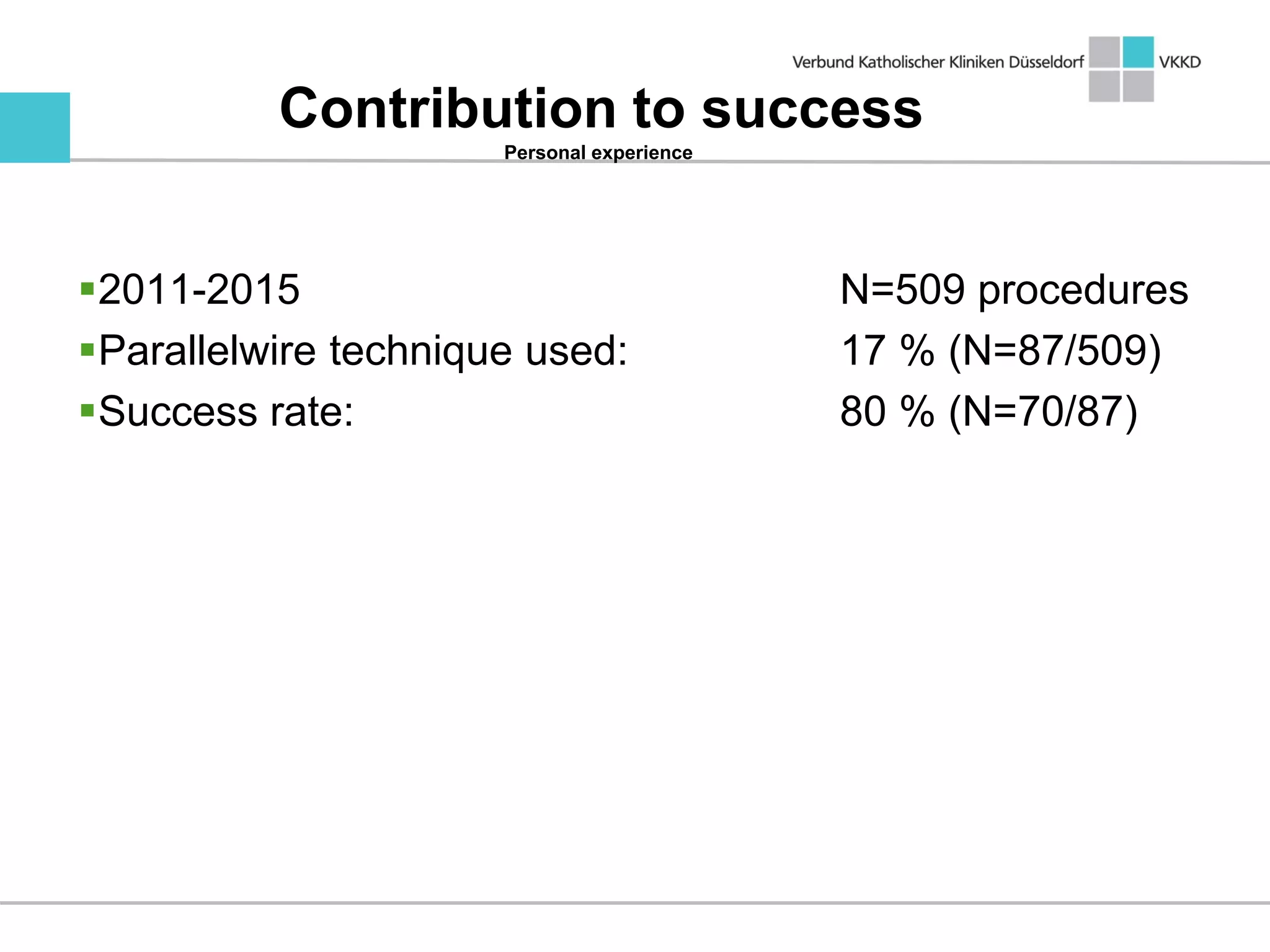 2011-2015 N=509 procedures
Parallelwire technique used: 17 % (N=87/509)
Success rate: 80 % (N=70/87)
Contribution to success
Personal experience
 