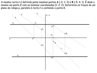 A mesma recta  r  é definida pelos mesmos pontos  A  (-2; 1; 3) e  B  (-5; 4; 1). É dado o mesmo um ponto  C  com as mesmas coordenadas (1; 2; 2). Determina os traços de um plano de rampa  ρ , paralelo à recta  r  e contendo o ponto  C .   r 2 r 1 f ρ  s 2 s 1 F 1 F 2 H 1 H 2 h ρ  x y   ≡  z A 1 A 2 B 1 B 2 C 1 C 2 