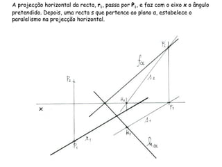 A projecção horizontal da recta,  r 1 , passa por  P 1 , e faz com o eixo  x  o ângulo pretendido. Depois, uma recta s que pertence ao plano  α , estabelece o paralelismo na projecção horizontal.  