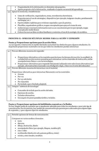 3
 Fragmentación de la información en elementos máspequeños.
 Aporte progresivo de la información, resaltando el aspecto secuencial delaprendizaje.
3.4 Apoyar la memoria y transferencias
 Listas de verificación, organizadores,notas,recordatorioselectrónicos.
 Preguntas para el usode estrategias y dispositivos (por ejemplo, imágenes visuales, parafraseando
estrategias, etc.)
 Oportunidades explícitas para revisiones espaciadas y para la práctica.
 Plantillas,organizadores gráficos,mapas conceptualesparaapoyarla toma de nota
 Andamiosqueconectanla informaciónnuevaa unconocimientoprevio(porejemplo,mapas
conceptuales medio llenos)
 Colocarlasnuevas ideas en ideas familiares ycontextos,el usode la analogía ola metáfora.
PRINCIPIO II.- OFRECER MÚLTIPLES MEDIOS PARA LA ACCIÓN Y EXPRESIÓN
Pauta 4: Proporcionar opciones para la acción física
La navegación e interacción en medios limitados aumentará los obstáculos para algunos estudiantes. Es
importante proporcionar materiales con los que todos los estudiantes puedan interactuar
4.1 Proveer diferentes maneras de responder
 Proporcionaralternativas en losrequisitos para lastasas,lostiempos dereacción,la amplitud y la
variedad dela acciónmotora necesarias para interactuar conlos materiales de instrucción,conlas
manipulaciones físicas o con lastecnologías.
 Proporcionar alternativas para responder físicamente indicandoentreselecciones alternativas (por
ejemplo, alternativasbien marcando conel bolígrafoolápiz, obienconel ratóndelordenador)
4.2 Proveer diferentes maneras de interactuar con el material.
Proporcionar alternativas para interactuar físicamente con los materiales:
 Amano
 Por voz
 Por un solobotón
 Por eljoystick
 Porteclado o por el tecladoadaptado
4.3 Integrar “asistencia de tecnología”
 Comandos de teclado para la acción delratón.
 Opciones decambio.
 Teclados alternativos.
 Encargarse de poner pantallas táctiles y teclados.
Pauta 5: Proporcionar opciones de habilidades expresivas y la fluidez
No hay ningúnmediode expresión que es igualmente adecuado para todos los estudiantes o para todo tipo de
comunicación.Porelcontrario,hay mediosdecomunicación queparecenpocoadecuadosparaalgunostipos
de expresión, y para algunos tipos de estudiantes.
5.1 Permitir opciones de formas de comunicación
Componer en varios medios o formatos:
 texto
 discurso
 dibujo, ilustración,diseño
 manipulación física (por ejemplo, bloques, modelos3D)
 cine ovídeo
 multimedia (diseños de web, guiones gráficos,cómic)
 música, artes visuales, escultura

 