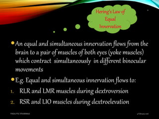 An equal and simultaneous innervation flows from the
brain to a pair of muscles of both eyes (yoke muscles)
which contract simultaneously in different binocular
movements
E.g. Equal and simultaneous innervation flows to:
1. RLR and LMR muscles during dextroversion
2. RSR and LIO muscles during dextroelevation
Hering’s Law of
Equal
Innervation
9 February 2016PARALYTIC STRABISMUS
10
 