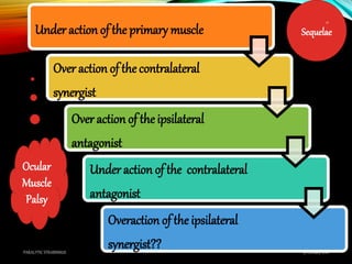 Under action of the primary muscle
Over action of the contralateral
synergist
Over action of the ipsilateral
antagonist
Under action of the contralateral
antagonist
Overaction of the ipsilateral
synergist??
Sequelae
Ocular
Muscle
Palsy
9 February 2016PARALYTIC STRABISMUS
12
 