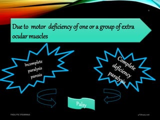 Due to motor deficiency of one or a group of extra
ocular muscles
9 February 2016PARALYTIC STRABISMUS
14
 
