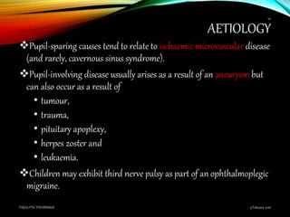 AETIOLOGY
Pupil-sparing causes tend to relate to ischaemic microvascular disease
(and rarely, cavernous sinus syndrome).
Pupil-involving disease usually arises as a result of an aneurysm but
can also occur as a result of
• tumour,
• trauma,
• pituitary apoplexy,
• herpes zoster and
• leukaemia.
Children may exhibit third nerve palsy as part of an ophthalmoplegic
migraine.
9 February 2016PARALYTIC STRABISMUS
24
 