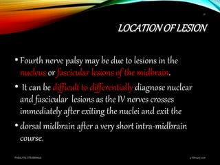 LOCATIONOF LESION
•Fourth nerve palsy may be due to lesions in the
nucleus or fascicular lesions of the midbrain.
• It can be difficult to differentially diagnose nuclear
and fascicular lesions as the IV nerves crosses
immediately after exiting the nuclei and exit the
•dorsal midbrain after a very short intra-midbrain
course.
9 February 2016PARALYTIC STRABISMUS
32
 