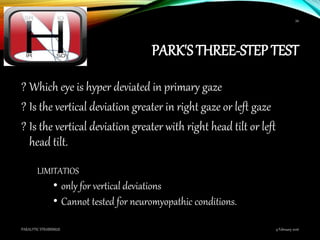 PARK'STHREE-STEP TEST
9 February 2016PARALYTIC STRABISMUS
54
? Which eye is hyper deviated in primary gaze
? Is the vertical deviation greater in right gaze or left gaze
? Is the vertical deviation greater with right head tilt or left
head tilt.
LIMITATIOS
• only for vertical deviations
• Cannot tested for neuromyopathic conditions.
 