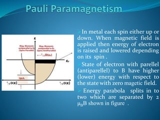 In metal each spin either up or
down. When magnetic field is
applied then energy of electron
is raised and lowered depending
on its spin .
State of electron with parellel
(antiparellel) to B have higher
(lower) energy with respect to
the state with zero magetic field.
 Energy parabola splits in to
two which are separated by 2
μBB shown in figure .
 
