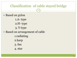 Classification of cable stayed bridge
 Based on pylon
1.A- type
2.H- type
3. Y-type
 Based on arrangement of cable
1.rad...