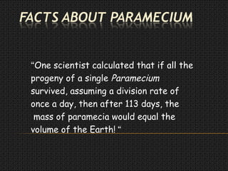 “One scientist calculated that if all the
progeny of a single Paramecium
survived, assuming a division rate of
once a day, then after 113 days, the
mass of paramecia would equal the
volume of the Earth! “
 