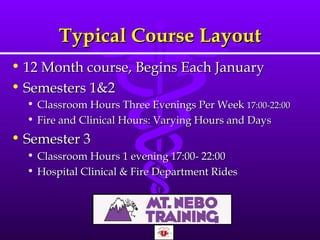 Typical Course Layout 12 Month course, Begins Each January Semesters 1&2 Classroom Hours Three Evenings Per Week  17:00-22:00 Fire and Clinical Hours: Varying Hours and Days Semester 3 Classroom Hours 1 evening 17:00- 22:00 Hospital Clinical & Fire Department Rides 