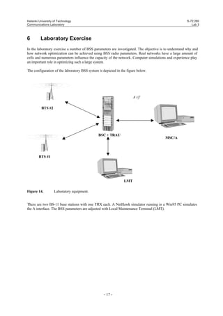 Helsinki University of Technology
Communications Laboratory

6

S-72.260
Lab 3

Laboratory Exercise

In the laboratory exercise a number of BSS parameters are investigated. The objective is to understand why and
how network optimization can be achieved using BSS radio parameters. Real networks have a large amount of
cells and numerous parameters influence the capacity of the network. Computer simulations and experience play
an important role in optimizing such a large system.
The configuration of the laboratory BSS system is depicted in the figure below.

A i/f
BTS #2

BSC + TRAU

MSC/A

BTS #1

LMT
Figure 14.

Laboratory equipment.

There are two BS-11 base stations with one TRX each. A NetHawk simulator running in a Win95 PC simulates
the A interface. The BSS parameters are adjusted with Local Maintenance Terminal (LMT).

- 17 -

 