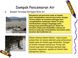 Dampak Pencemaran Air
A. Dampak Terhadap Kehidupan Biota Air
Banyaknya zat pencemar pada air limbah
akan menyebabkan menurunnya kadar oksigen
Terlarut dalam air tersebut sehingga akan
mengakibatkan kehidupan dalam air yang
membutuhkan oksigen terganggu serta
mengurangi perkembangannya. Selain itu
kematian dapat pula disebabkan adanya zat
beracun yang juga menyebabkan kerusakan pada
tanaman dan tumbuhan air.
Akibat matinya bakteri-bakteri, maka proses
penjernihan air secara alamiah yang seharusnya
terjadi pada air limbah juga terhambat. Dengan
air limbah menjadi sulit terurai. Panas dari
industri juga akan membawa dampak bagi
kematian organisme, apabila air limbah tidak
didinginkan dahulu.
 