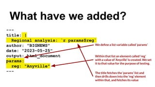 ---
title: |
Regional analysis: `r params$reg`
author: "BIGNEWS"
date: "2023-05-25"
output: html_document
params:
reg: "Anyville"
---
What have we added?
Within that list an element called ‘reg’
with a value of ‘Anyville’ is created. We set
it to that value for the purpose of testing.
We deﬁne a list variable called ‘params’
The title fetches the ‘params’ list and
then drills down into the ‘reg’ element
within that, and fetches its value
 