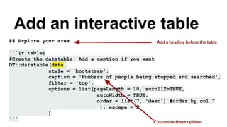 ## Explore your area
```{r table}
#Create the datatable. Add a caption if you want
DT::datatable(data,
style = 'bootstrap',
caption = 'Numbers of people being stopped and searched',
filter = 'top',
options = list(pageLength = 10, scrollX=TRUE,
autoWidth = TRUE,
order = list(7, 'desc') #order by col 7
), escape = F
)
```
Add an interactive table
Add a heading before the table
Customise these options
 