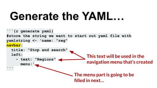 ```{r generate yaml}
#store the string we want to start out yaml file with
yamlstring <- 'name: "reg"
navbar:
title: "Stop and search"
left:
- text: "Regions"
menu:'
```
Generate the YAML…
This text will be used in the
navigation menu that’s created
The menu part is going to be
ﬁlled in next…
 
