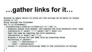 #create an empty vector to store all the strings we're about to create
strvec <- c()
#loop through the filenames
for (i in filenames){
if(substring(i,nchar(i)-2,nchar(i)) == ".md" ){
#replace spaces with dashes, and replace the file extension with .html
htmlversion <- gsub(" ","-",gsub(".md",".html",i))
#get the name by removing the file extension.
textversion <- gsub(".md","",i)
#create a string for the YAML file by inserting those
fullstring <- paste0('
- text: "',textversion,'"
href: ',htmlversion)
strvec <- c(strvec,fullstring) #add to the collection of strings
}
}
…gather links for it…
 