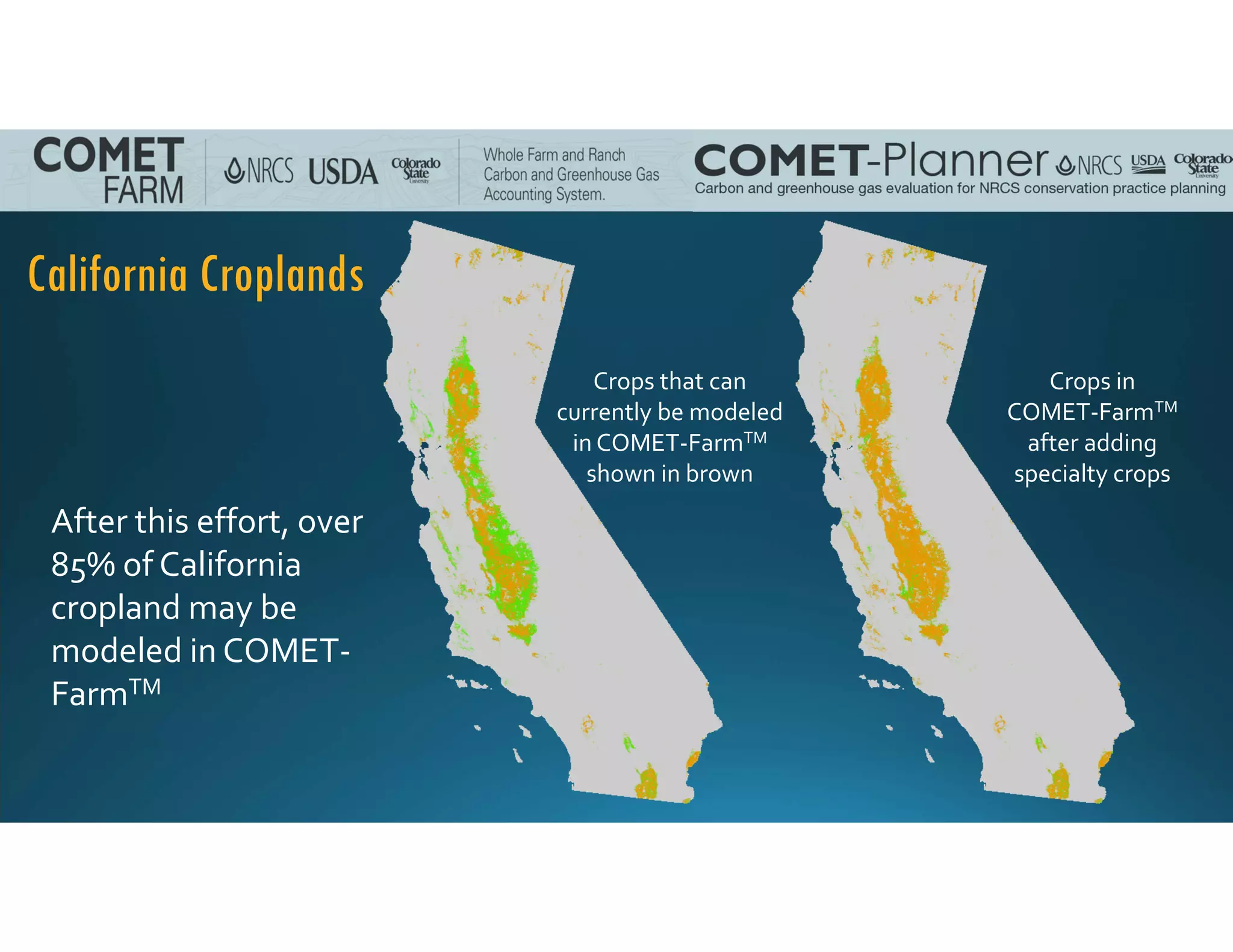 California Croplands
Crops in 
COMET‐FarmTM
after adding
specialty crops
After this effort, over 
85% of California 
cropland may be 
modeled in COMET‐
FarmTM
Crops that can 
currently be modeled
in COMET‐FarmTM
shown in brown
 