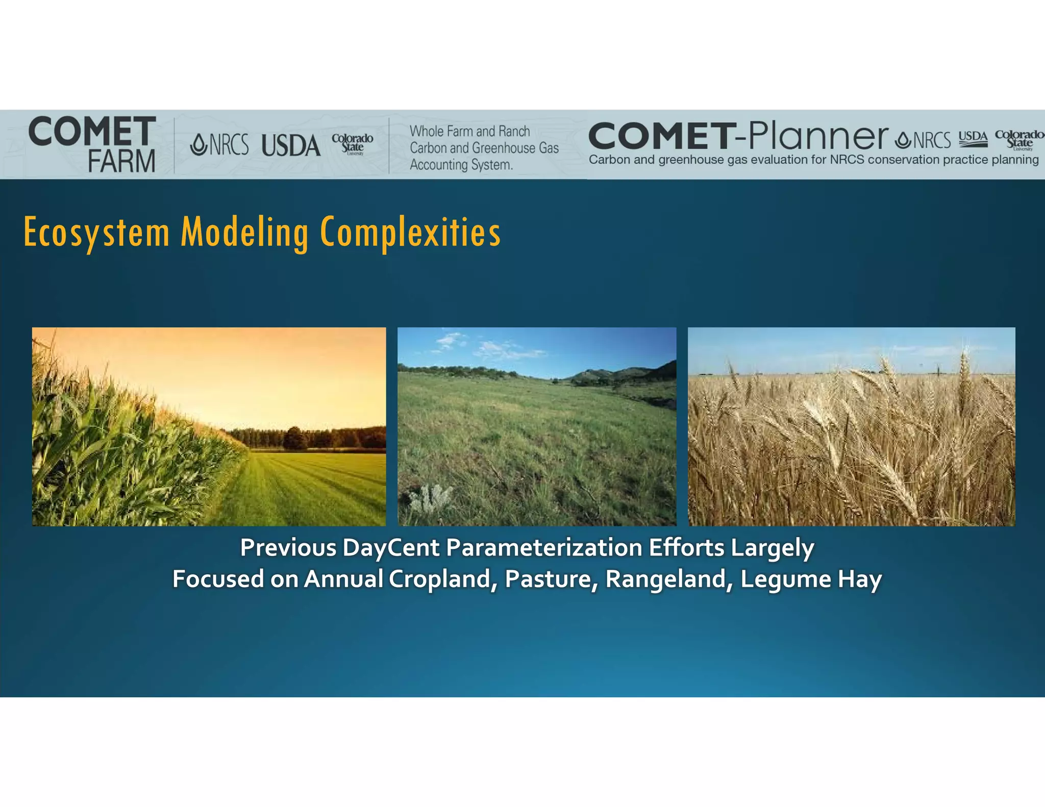 Ecosystem Modeling Complexities
Previous DayCent Parameterization Efforts Largely
Focused on Annual Cropland, Pasture, Rangeland, Legume Hay
 