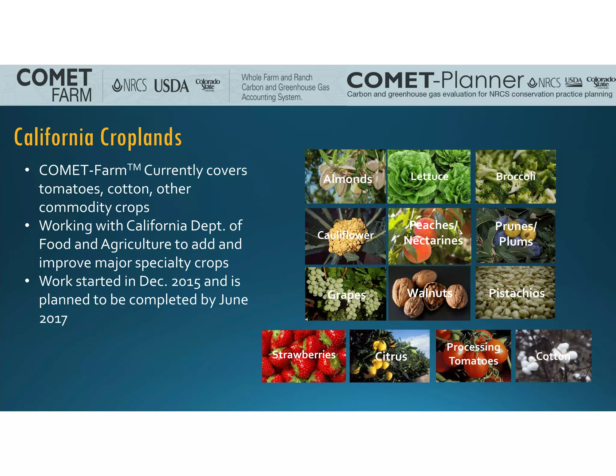 California Croplands
Strawberries
Lettuce Broccoli
Cauliflower
Almonds
Walnuts PistachiosGrapes
Citrus
Peaches/
Nectarines
Prunes/
Plums
• COMET‐FarmTM Currently covers 
tomatoes, cotton, other 
commodity crops
• Working with California Dept. of 
Food and Agriculture to add and 
improve major specialty crops
• Work started in Dec. 2015 and is 
planned to be completed by June 
2017
Processing
Tomatoes Cotton
 