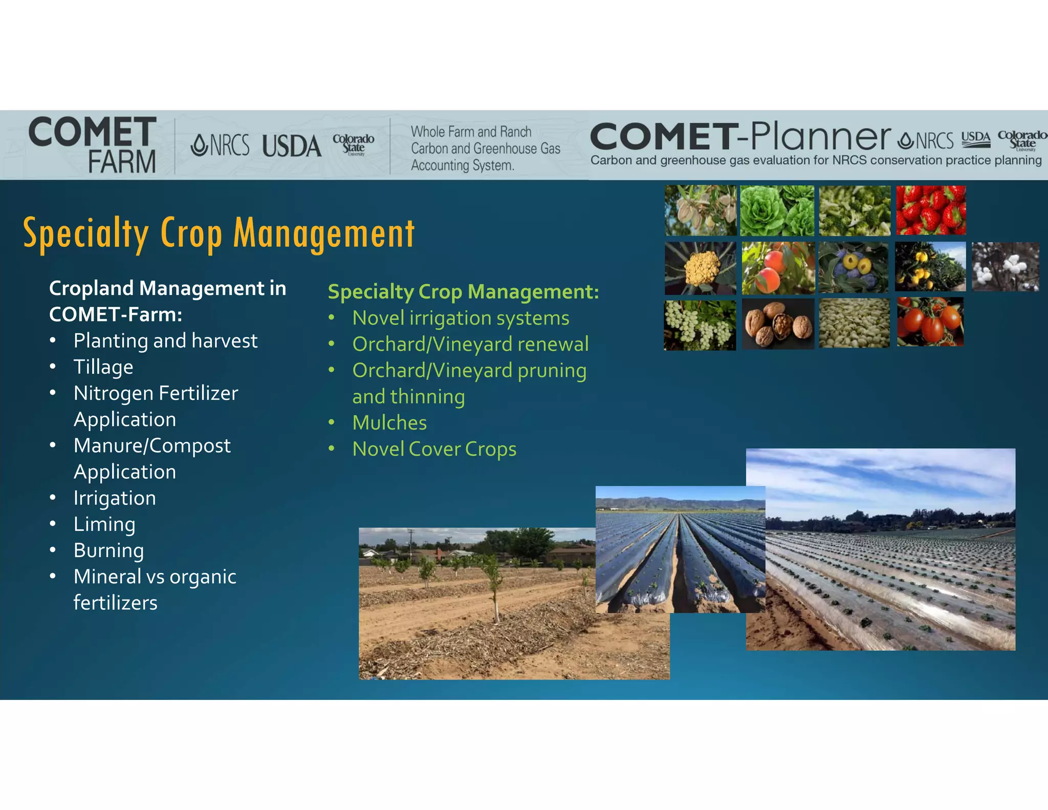 Specialty Crop Management
Cropland Management in 
COMET‐Farm:
• Planting and harvest
• Tillage
• Nitrogen Fertilizer 
Application
• Manure/Compost 
Application
• Irrigation
• Liming
• Burning
• Mineral vs organic 
fertilizers
Specialty Crop Management:
• Novel irrigation systems
• Orchard/Vineyard renewal
• Orchard/Vineyard pruning 
and thinning
• Mulches
• Novel Cover Crops
 