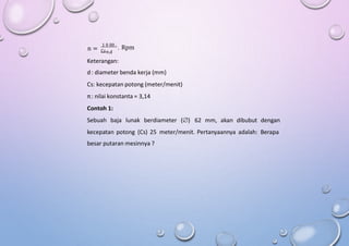 1 0 00 .
Cs
Rpm
n = π.d
Keterangan:
d: diameter benda kerja (mm)
Cs: kecepatan potong (meter/menit)
π: nilai konstanta = 3,14
Contoh 1:
Sebuah baja lunak berdiameter () 62 mm, akan dibubut dengan
kecepatan potong (Cs) 25 meter/menit. Pertanyaannya adalah: Berapa
besar putaran mesinnya ?
 