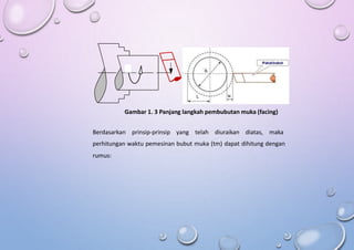 Gambar 1. 3 Panjang langkah pembubutan muka (facing)
Berdasarkan prinsip-prinsip yang telah diuraikan diatas, maka
perhitungan waktu pemesinan bubut muka (tm) dapat dihitung dengan
rumus:
 