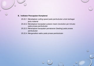 B. Indikator Pencapaian Komptensi
20.22.1. Menetapkan cutting speed pada pembubutan untuk berbagai
jenis material
20.22.2. Menetapkan kecepatan putaran mesin (revolution per minute)
pada proses pembubutan
20.22.3. Menerapkan kecepatan pemakanan (feeding) pada proses
pembubutan
20.22.4. Menganalisis waktu pada proses pembubutan
 