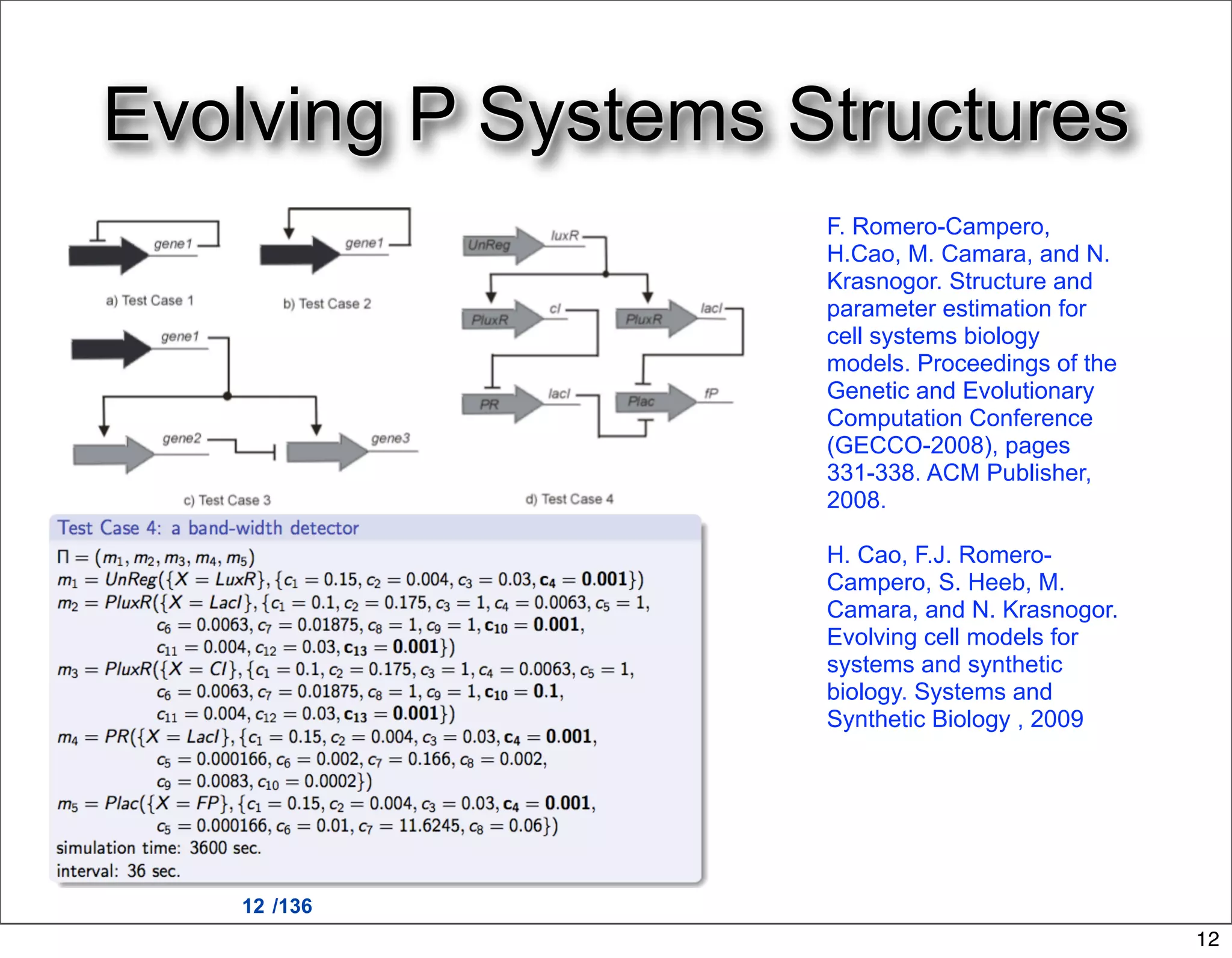 Evolving P Systems Structures
                    F. Romero-Campero,
                    H.Cao, M. Camara, and N.
                    Krasnogor. Structure and
                    parameter estimation for
                    cell systems biology
                    models. Proceedings of the
                    Genetic and Evolutionary
                    Computation Conference
                    (GECCO-2008), pages
                    331-338. ACM Publisher,
                    2008.

                    H. Cao, F.J. Romero-
                    Campero, S. Heeb, M.
                    Camara, and N. Krasnogor.
                    Evolving cell models for
                    systems and synthetic
                    biology. Systems and
                    Synthetic Biology , 2009




   12 /136
                                                 12
 