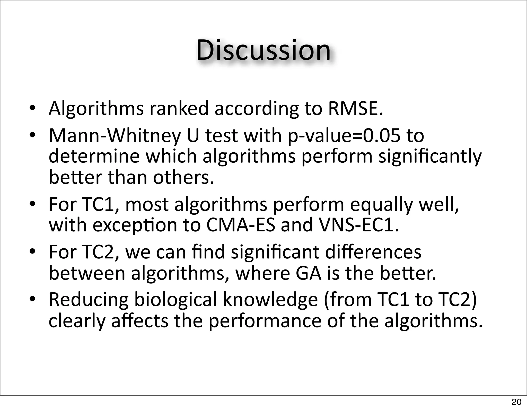 Discussion
• Algorithms ranked according to RMSE.
• Mann‐Whitney U test with p‐value=0.05 to 
  determine which algorithms perform signiﬁcantly 
  beer than others.
• For TC1, most algorithms perform equally well, 
  with excep/on to CMA‐ES and VNS‐EC1.
• For TC2, we can ﬁnd signiﬁcant diﬀerences 
  between algorithms, where GA is the beer.
• Reducing biological knowledge (from TC1 to TC2) 
  clearly aﬀects the performance of the algorithms.


                                                      20
 