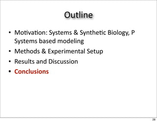 Outline
• Mo/va/on: Systems & Synthe/c Biology, P 
  Systems based modeling
• Methods & Experimental Setup
• Results and Discussion
• Conclusions




                                             28
 