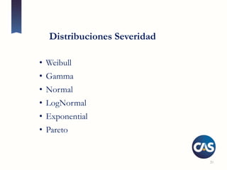 20
Distribuciones Severidad
• Weibull
• Gamma
• Normal
• LogNormal
• Exponential
• Pareto
 