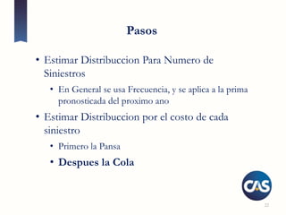 22
Pasos
• Estimar Distribuccion Para Numero de
Siniestros
• En General se usa Frecuencia, y se aplica a la prima
pronosticada del proximo ano
• Estimar Distribuccion por el costo de cada
siniestro
• Primero la Pansa
• Despues la Cola
 