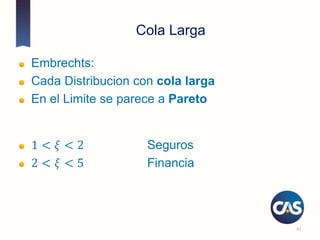 Cola Larga
Embrechts:
Cada Distribucion con cola larga
En el Limite se parece a Pareto
30
1 < 𝜉 < 2 Seguros
2 < 𝜉 < 5 Financia
 