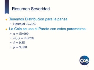 Resumen Severidad
Tenemos Distribucion para la pansa
• Hasta el 95.26%
La Cola se usa el Pareto con estos parametros:
• 𝑢 = 50,000
• 𝐹 𝑢 = 95.26%
• 𝜉 = 0.35
• 𝛽 = 9,000
51
 