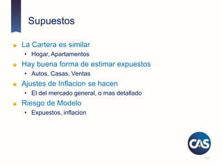 Supuestos
La Cartera es similar
• Hogar, Apartamentos
Hay buena forma de estimar expuestos
• Autos, Casas, Ventas
Ajustes de Inflacion se hacen
• El del mercado general, o mas detallado
Riesgo de Modelo
• Expuestos, inflacion
53
 