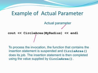 Example of Actual Parameter
                         Actual parameter

cout << CircleArea(MyRadius) << endl



To process the invocation, the function that contains the
insertion statement is suspended and CircleArea()
does its job. The insertion statement is then completed
using the value supplied by CircleArea().
 