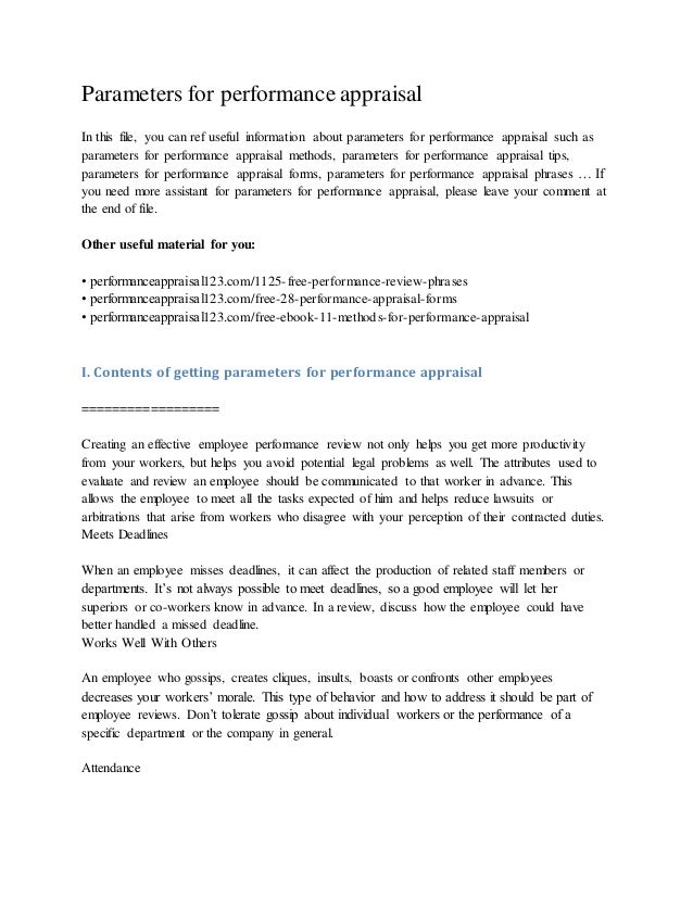 parameters for performance appraisal forms for employee reviews