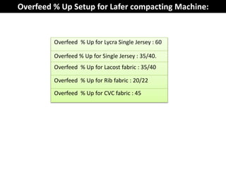 Overfeed % Up Setup for Lafer compacting Machine:
Overfeed % Up for Lycra Single Jersey : 60
Overfeed % Up for Single Jersey : 35/40.
Overfeed % Up for Lacost fabric : 35/40
Overfeed % Up for Rib fabric : 20/22
Overfeed % Up for CVC fabric : 45
 