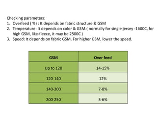 Checking parameters:
1. Overfeed ( %) : It depends on fabric structure & GSM
2. Temperature: It depends on color & GSM.( normally for single jersey -1600C, for
high GSM, like-fleece, it may be 2500C )
3. Speed: It depends on fabric GSM. For higher GSM, lower the speed.
GSM Over feed
Up to 120 14-15%
120-140 12%
140-200 7-8%
200-250 5-6%
 