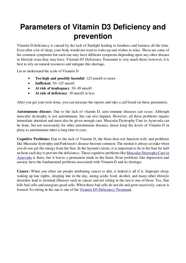 Parameters of vitamin d3 deficiency and prevention