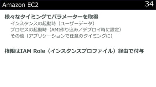 34Amazon EC2
様々なタイミングでパラメーターを取得
インスタンスの起動時（ユーザーデータ）
プロセスの起動時（AMI作り込み／デプロイ時に設定）
その他（アプリケーションで任意のタイミングに）
権限はIAM Role（インスタンスプロファイル）経由で付与
 