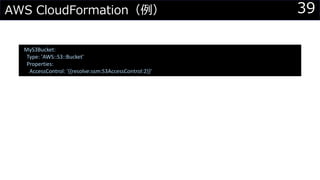 39AWS CloudFormation（例）
MyS3Bucket:
Type: 'AWS::S3::Bucket'
Properties:
AccessControl: '{{resolve:ssm:S3AccessControl:2}}'
 